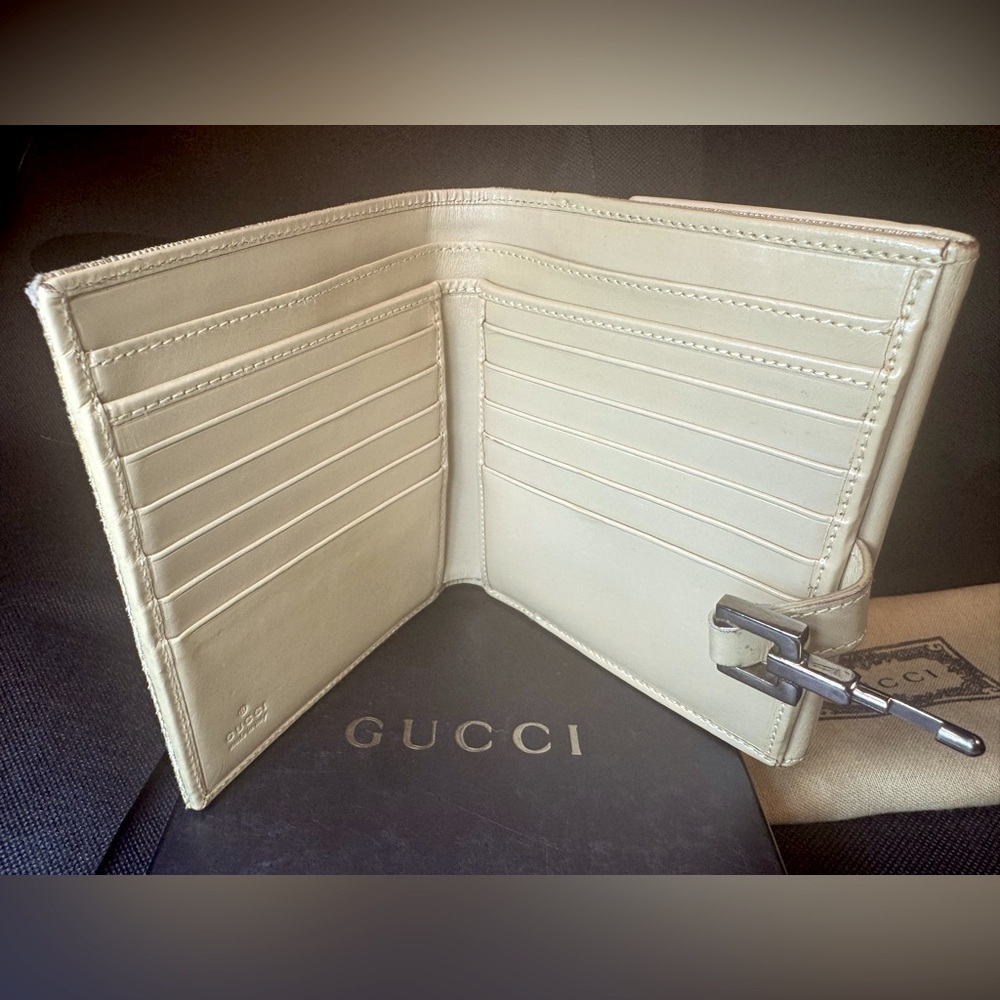 Gucci Monogram Wallet FULL SET Silver Chain Clasp Vintage GG Sabbia Sand color - Picture 8 of 14